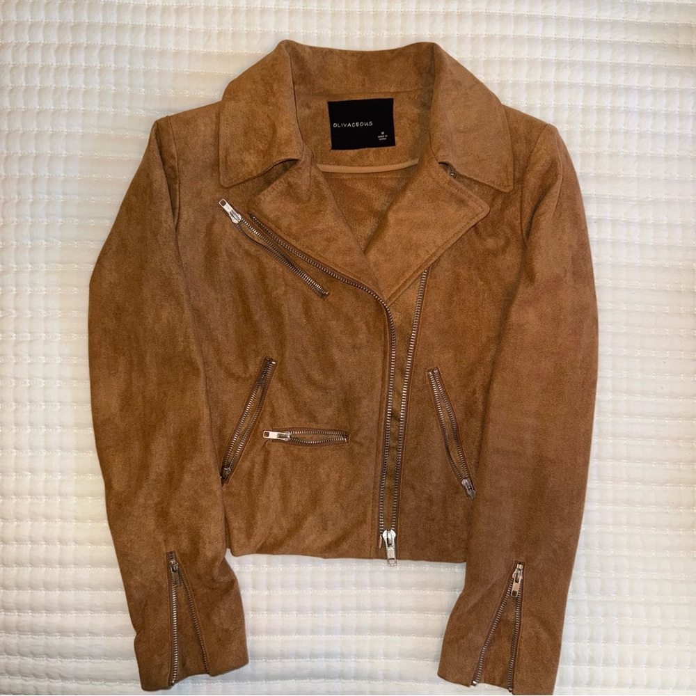 Y2K Carmel Brown Suede Moto Biker Cropped Zippered Jacket